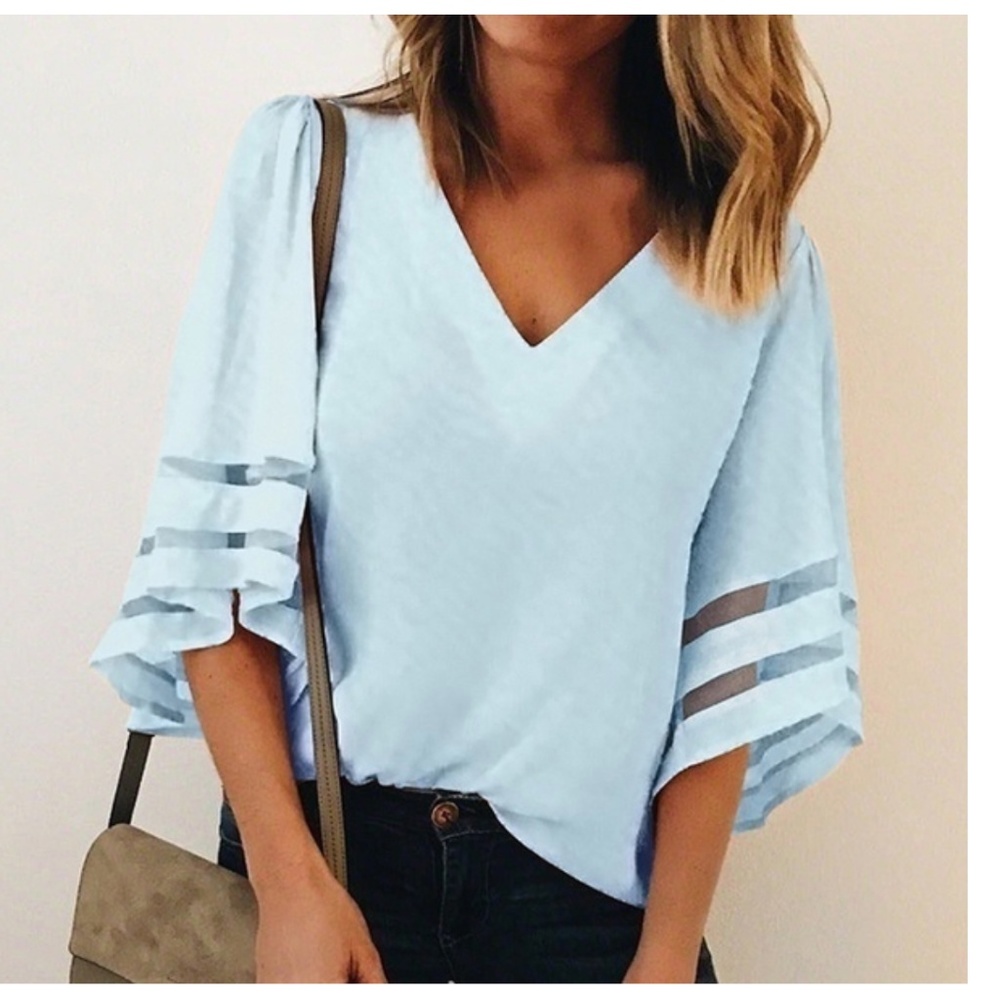 Baby Blue Trumpet Sleeve Chiffon Top